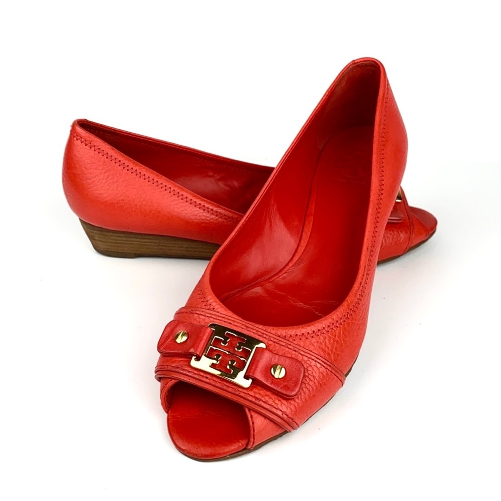 Tory Burch Peep Toe Leather Wedge Shoe sz 9 1/2